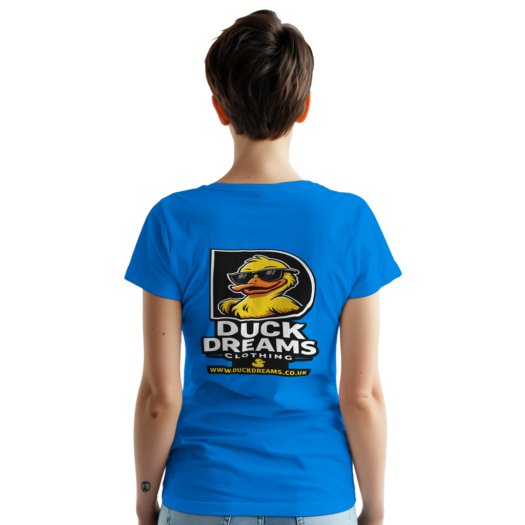 Royal blue unisex T-shirt with large back Duck Dreams logo and website text