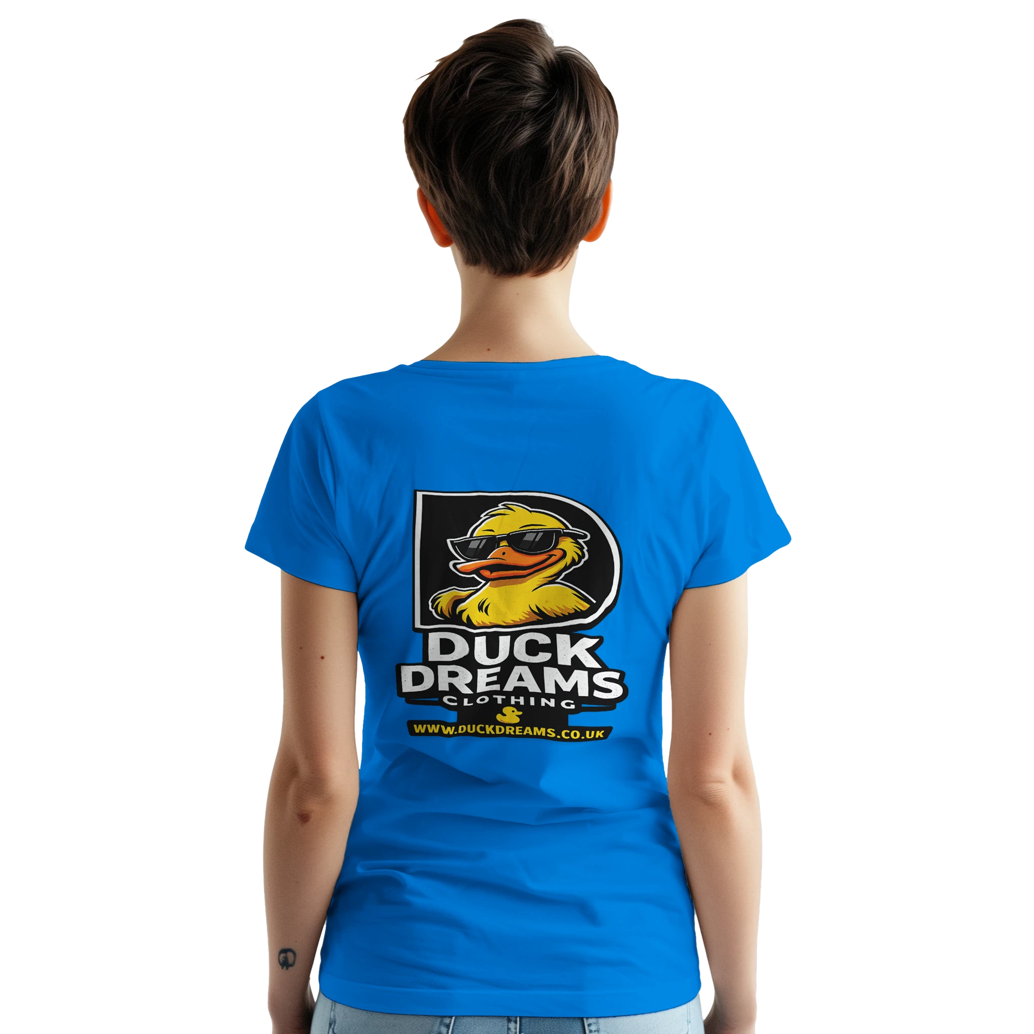 Royal blue unisex T-shirt with large back Duck Dreams logo and website text