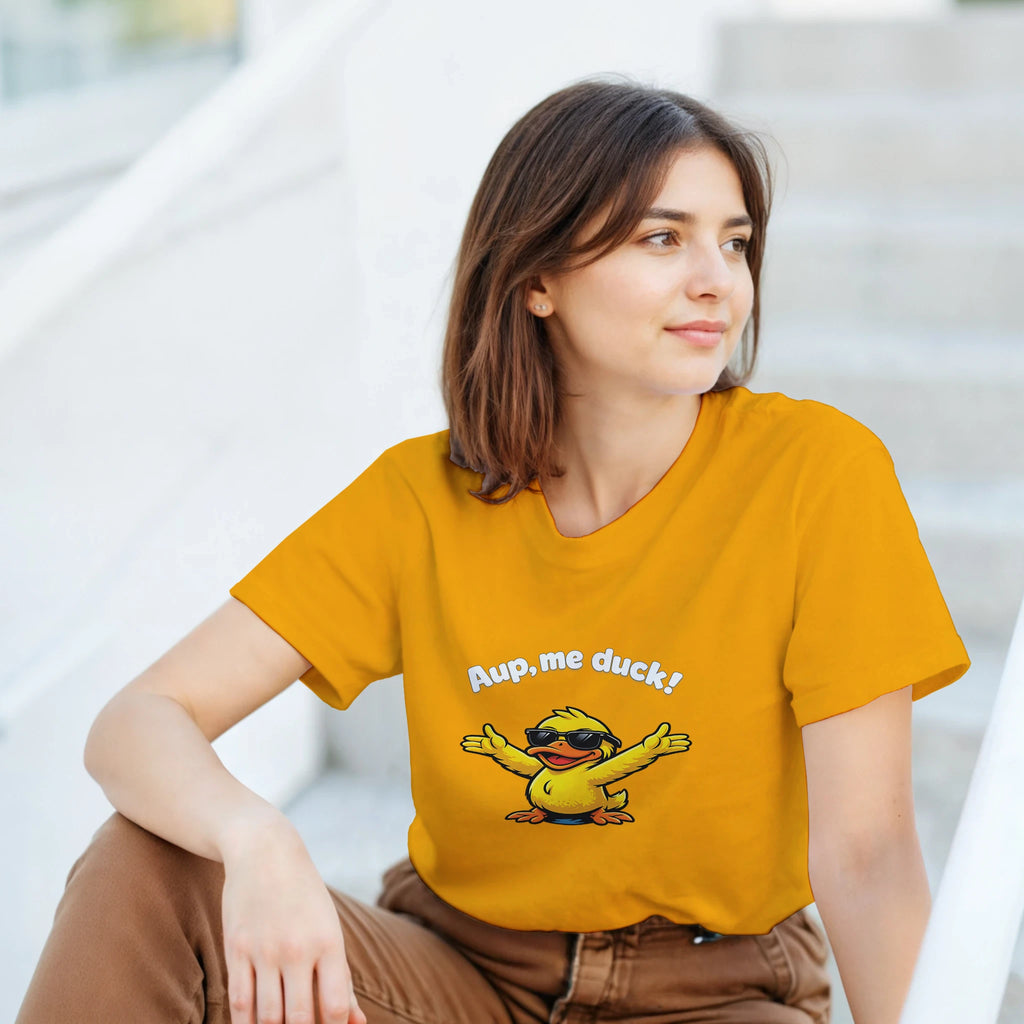 Unisex yellow crewneck T-shirt with front duck graphic and 'Aup, me duck!' text
