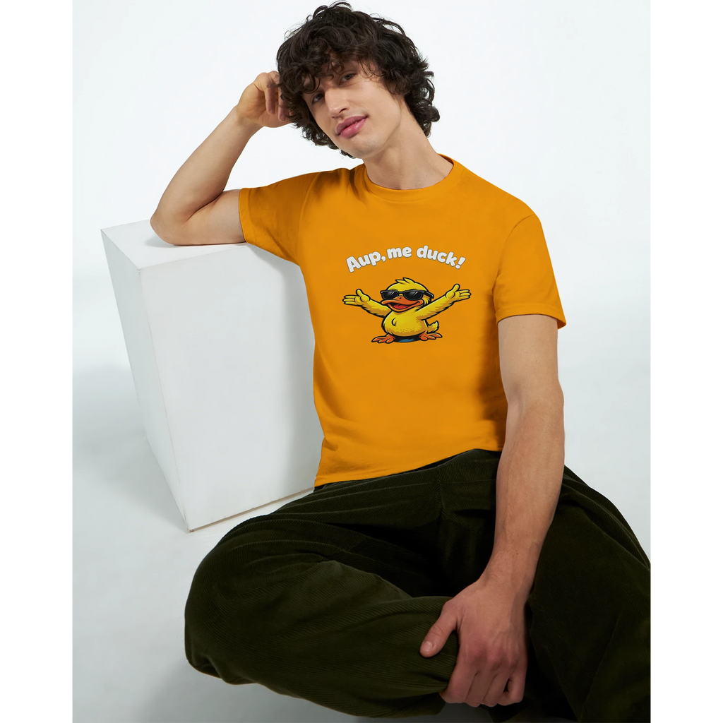 Unisex yellow crewneck T-shirt with duck graphic and 'Aup, me duck!' print, worn