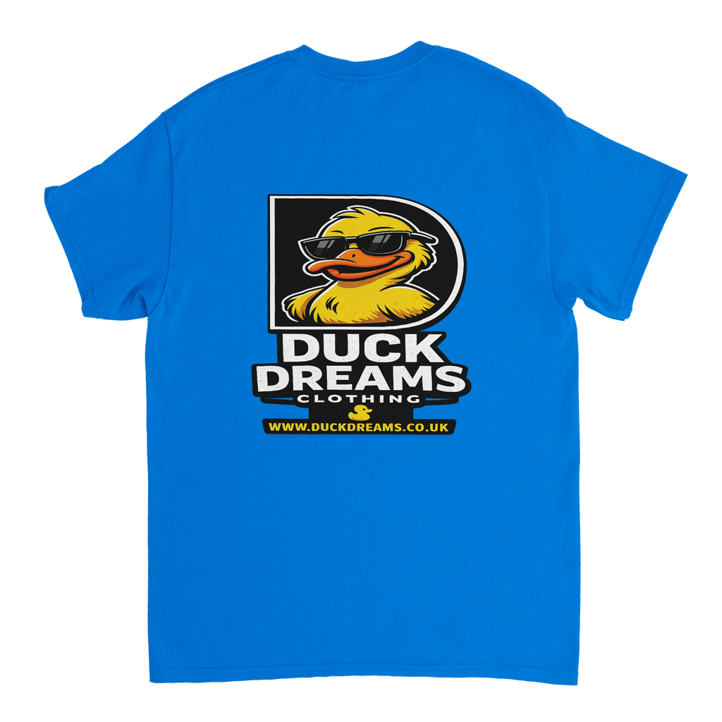 Royal blue crewneck T-shirt with large Duck Dreams Clothing logo on back