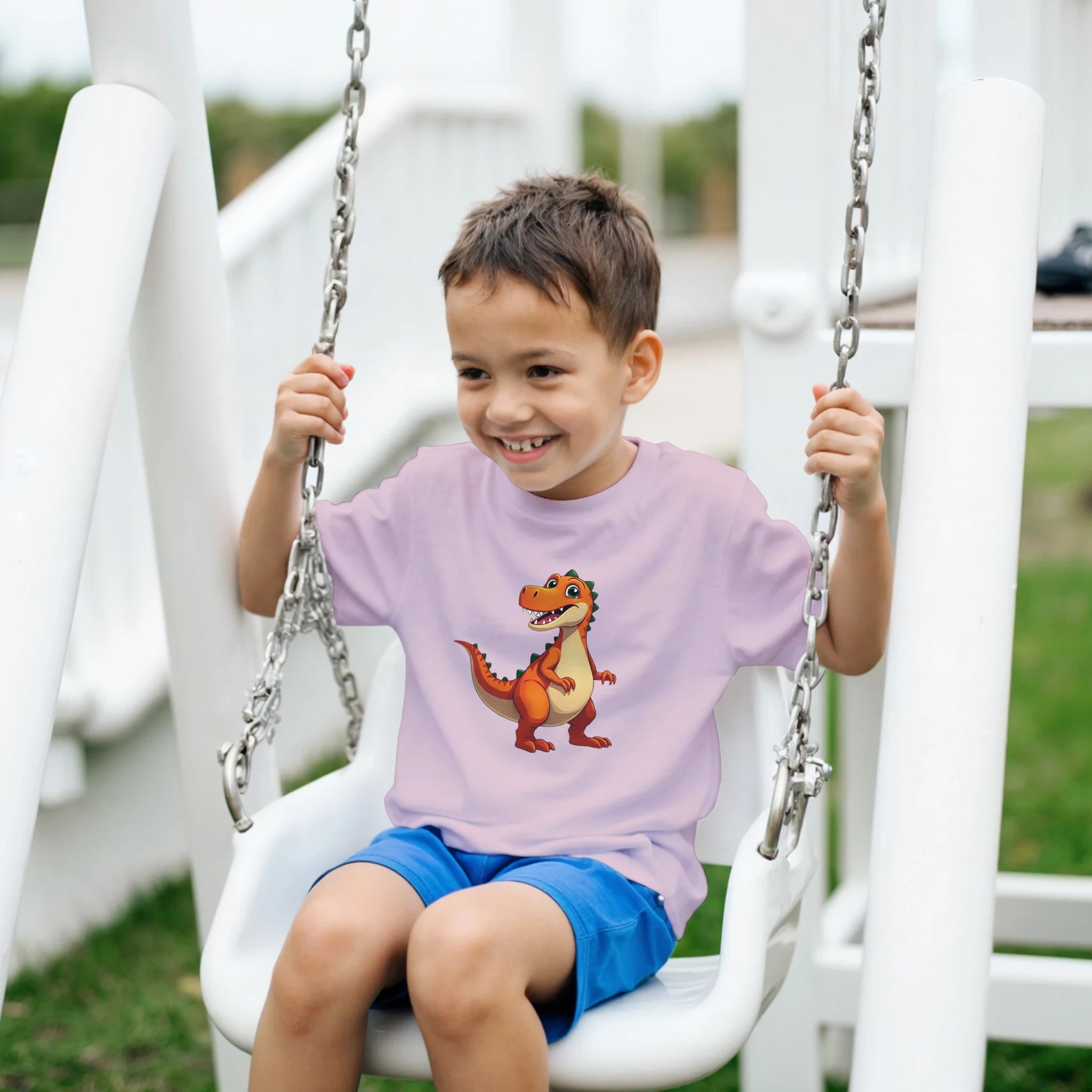 Kids T-Rex graphic crewneck t-shirt, light pink, orange dinosaur front print