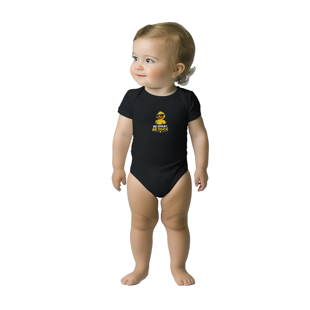 Black baby short-sleeve bodysuit with duck graphic and snap crotch
