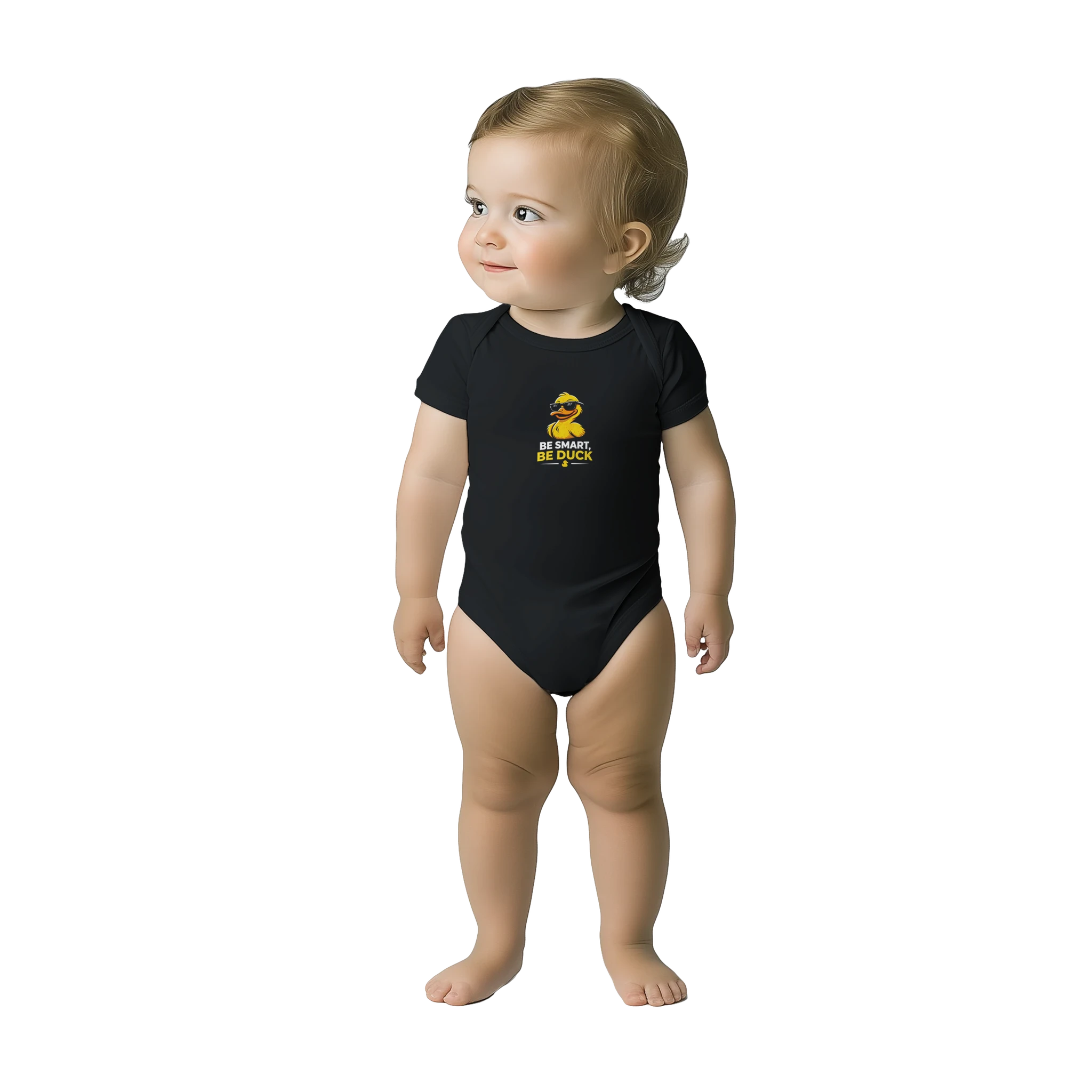 Black baby short-sleeve bodysuit with duck graphic and snap crotch