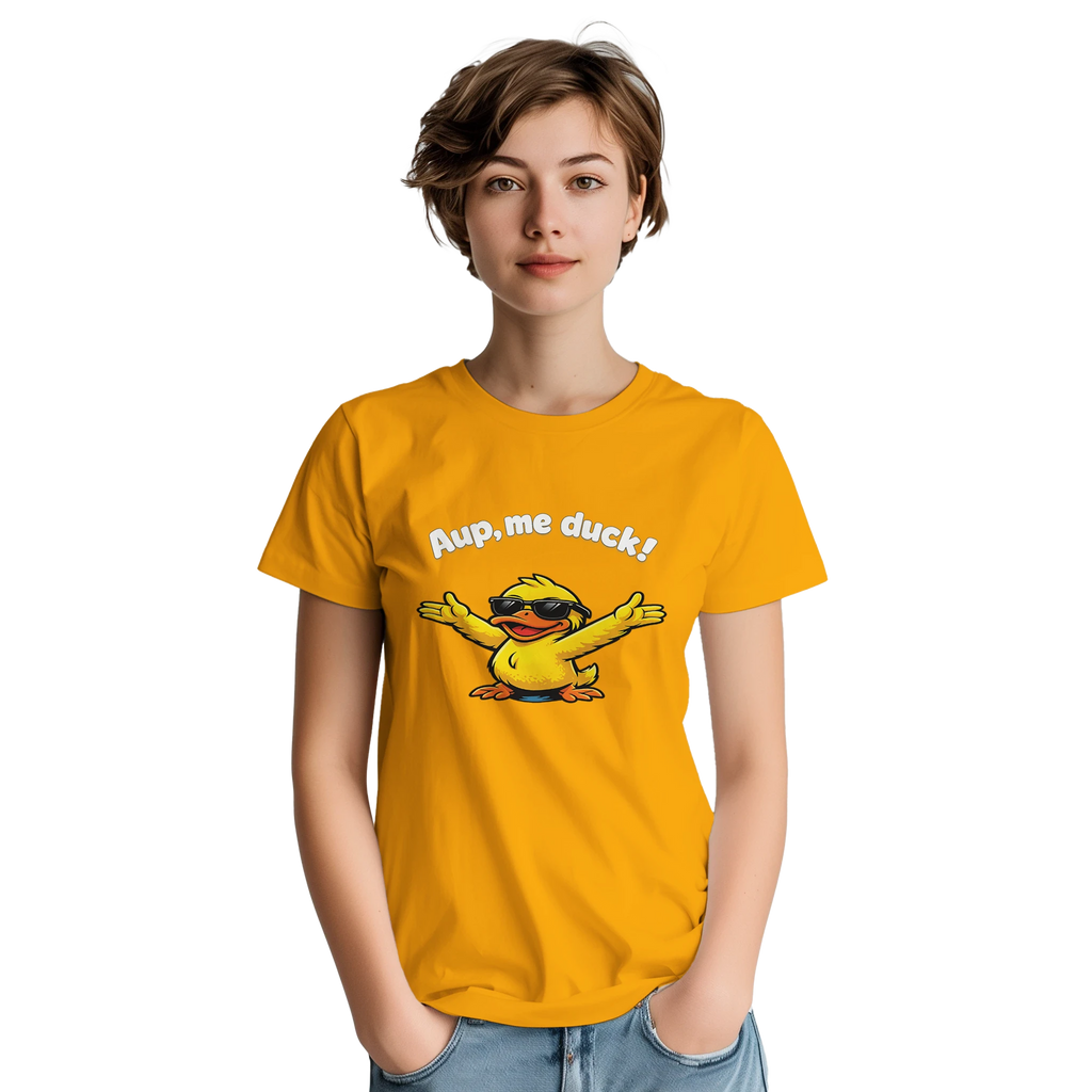 Unisex yellow crewneck T-shirt with duck graphic and 'Aup, me duck!' print, worn