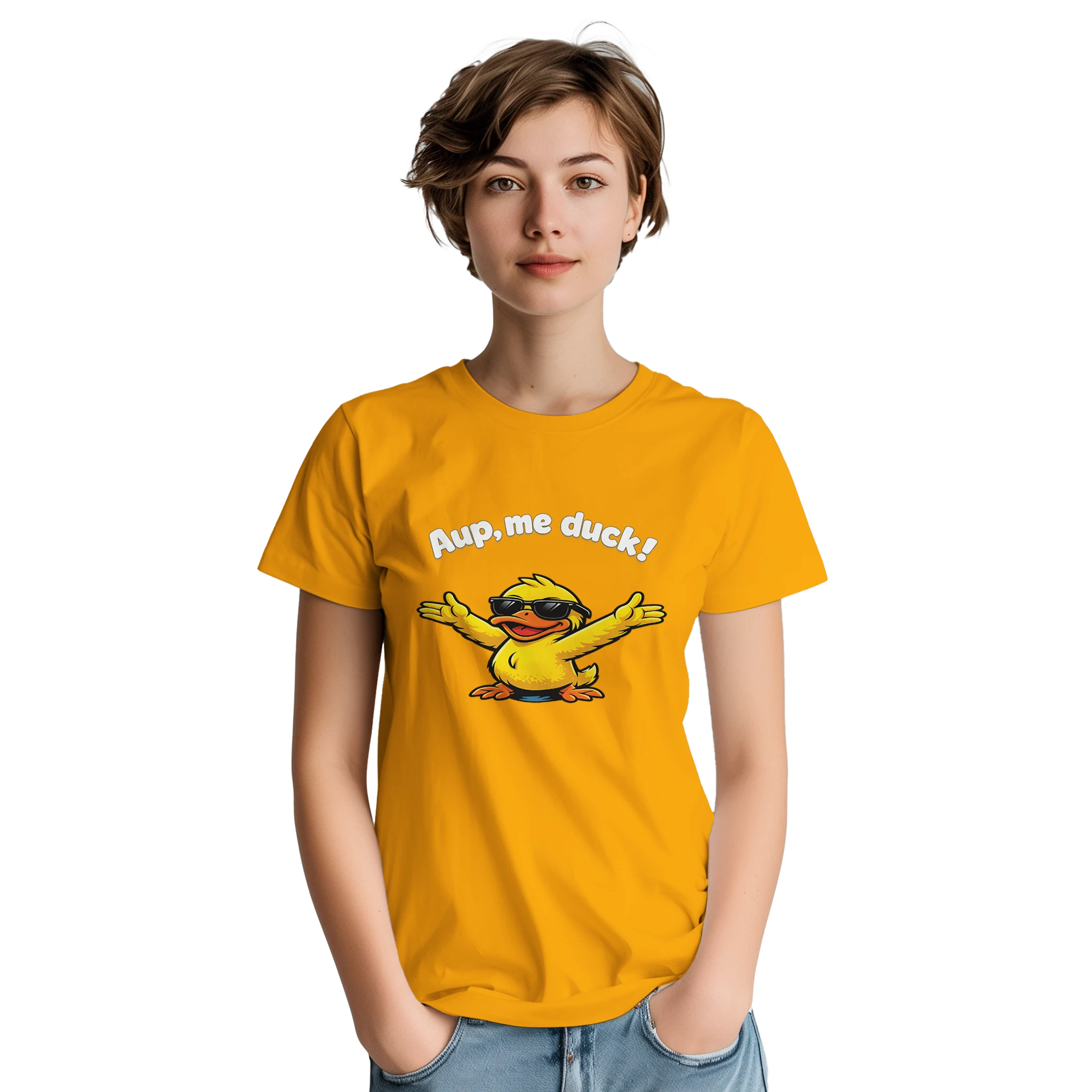Unisex yellow crewneck T-shirt with duck graphic and 'Aup, me duck!' print, worn