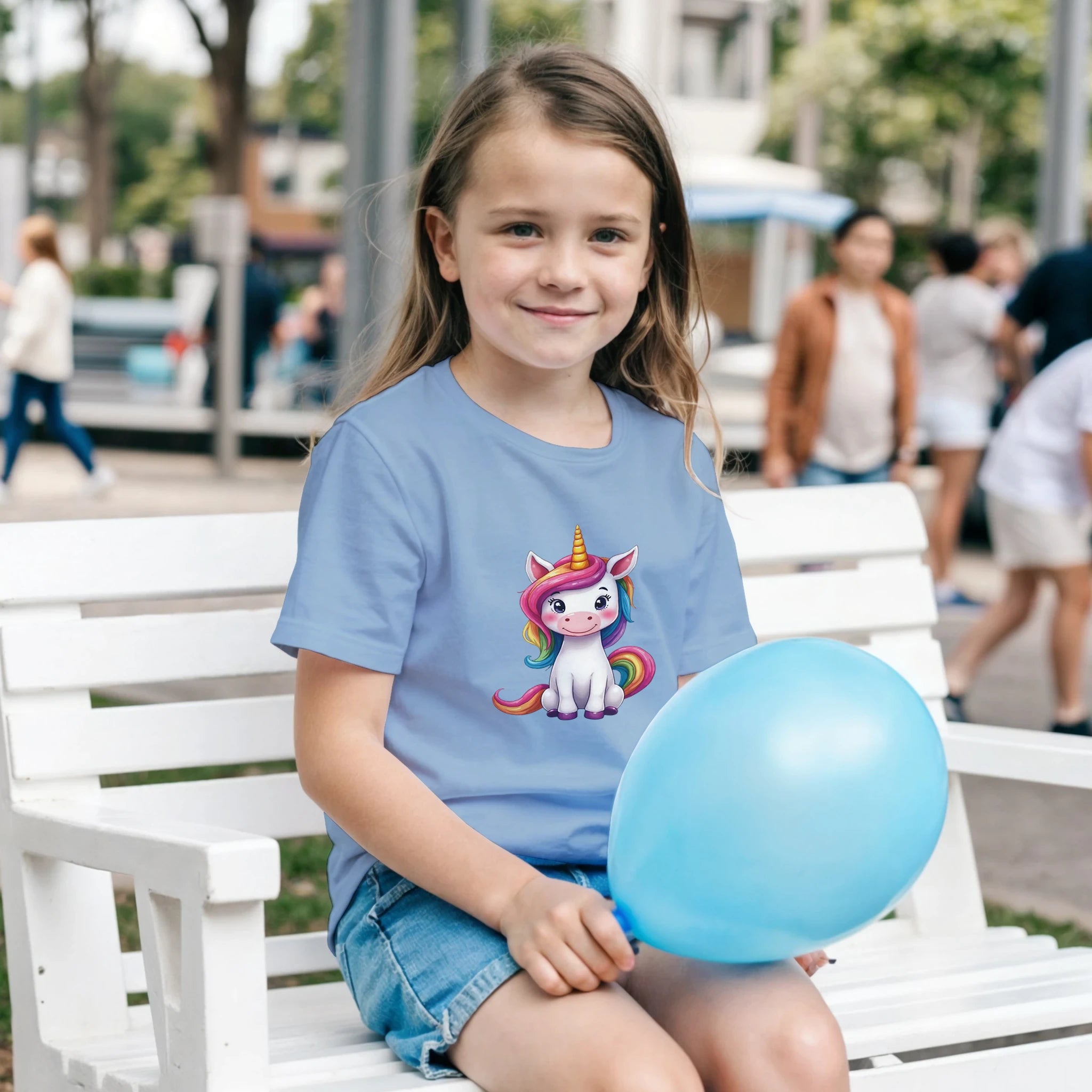 Kids unicorn graphic T-shirt, light blue crewneck with colorful unicorn front print