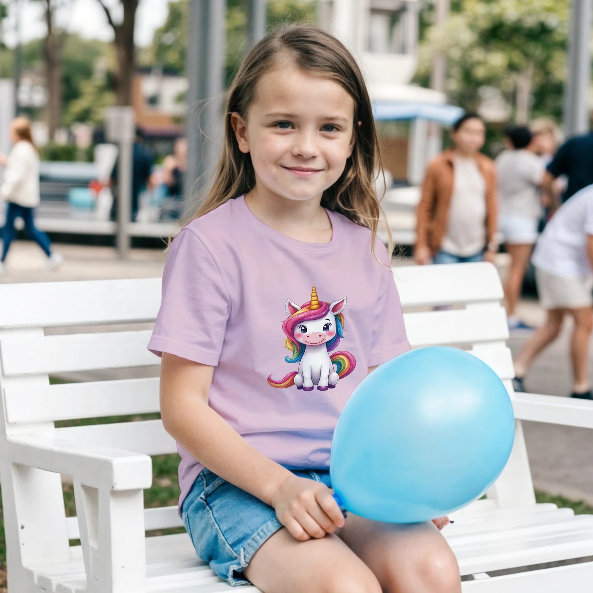 Kids unicorn graphic T-shirt, light purple crewneck with colorful unicorn front print
