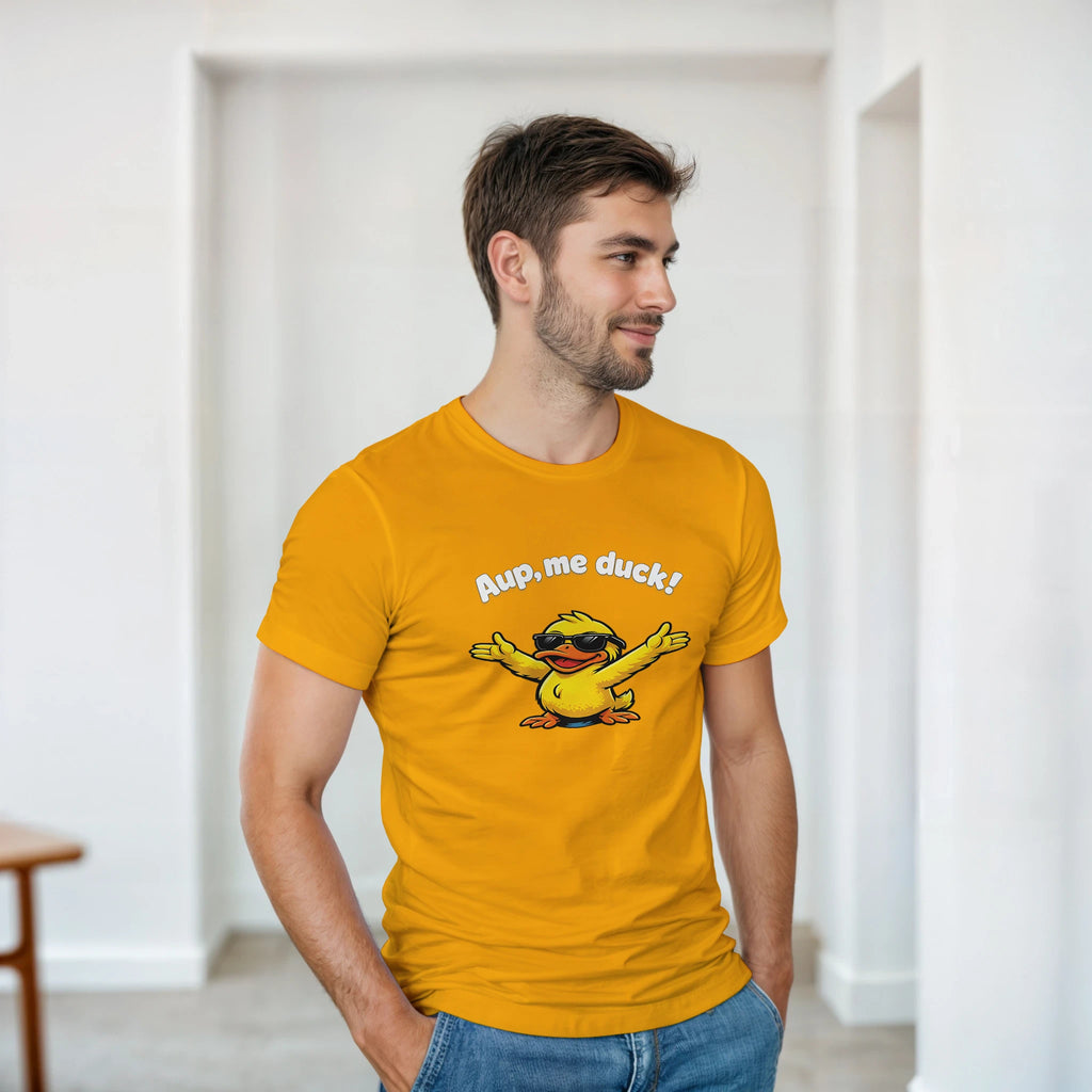 Unisex yellow crewneck T-shirt with centered duck cartoon graphic and 'Aup, me duck!'