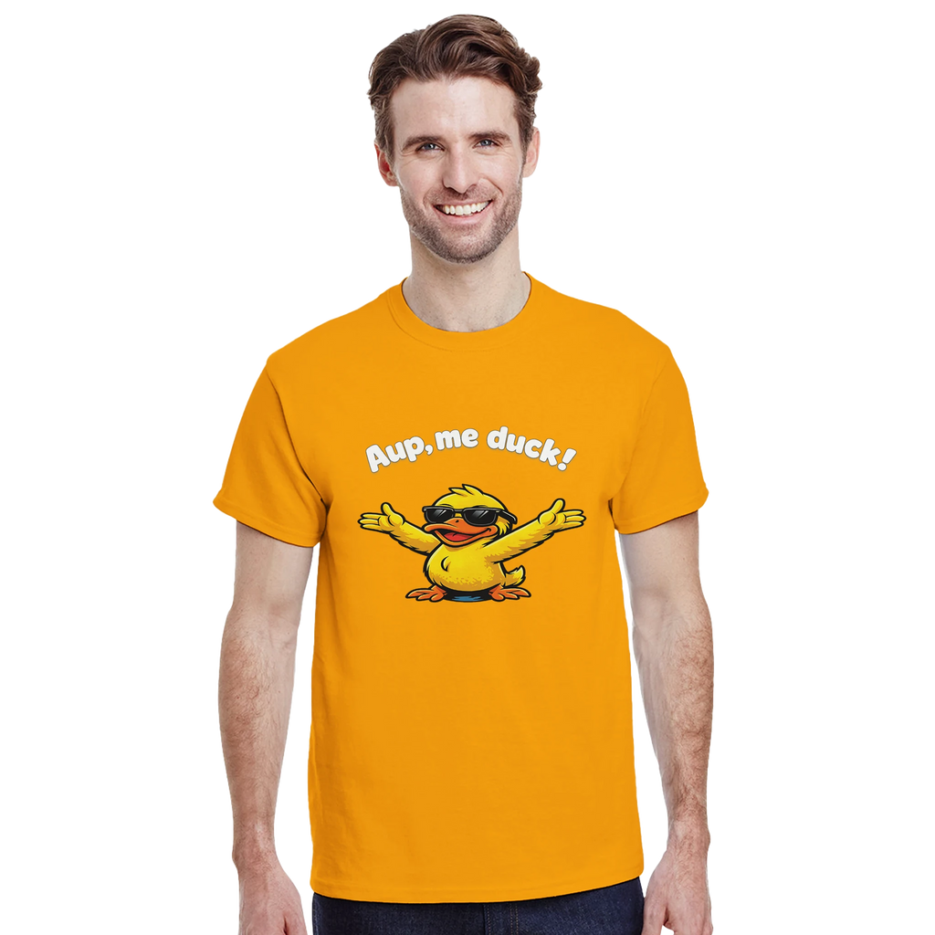 Unisex yellow crewneck T-shirt with 'Aup, me duck!' duck graphic