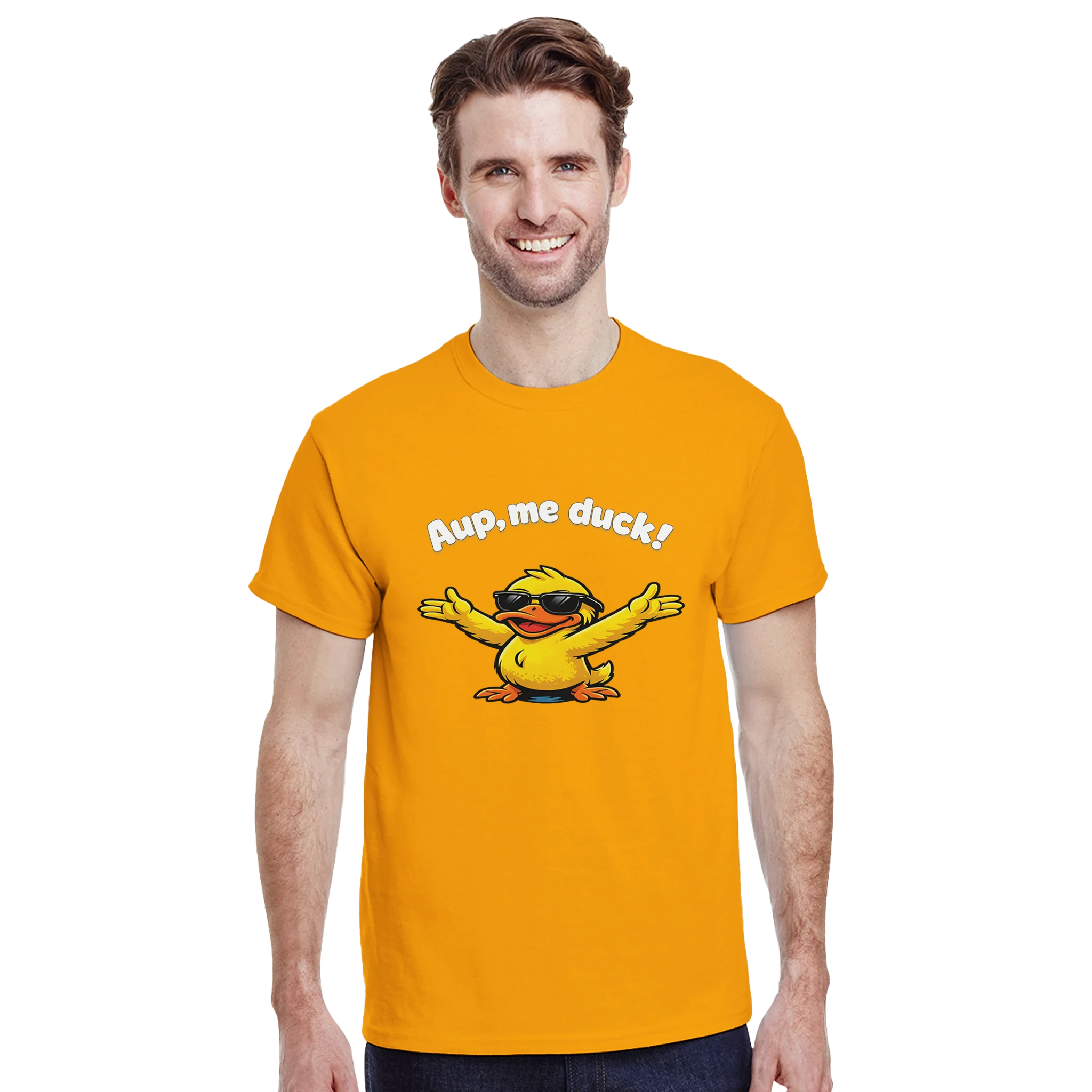 Unisex yellow crewneck T-shirt with 'Aup, me duck!' duck graphic