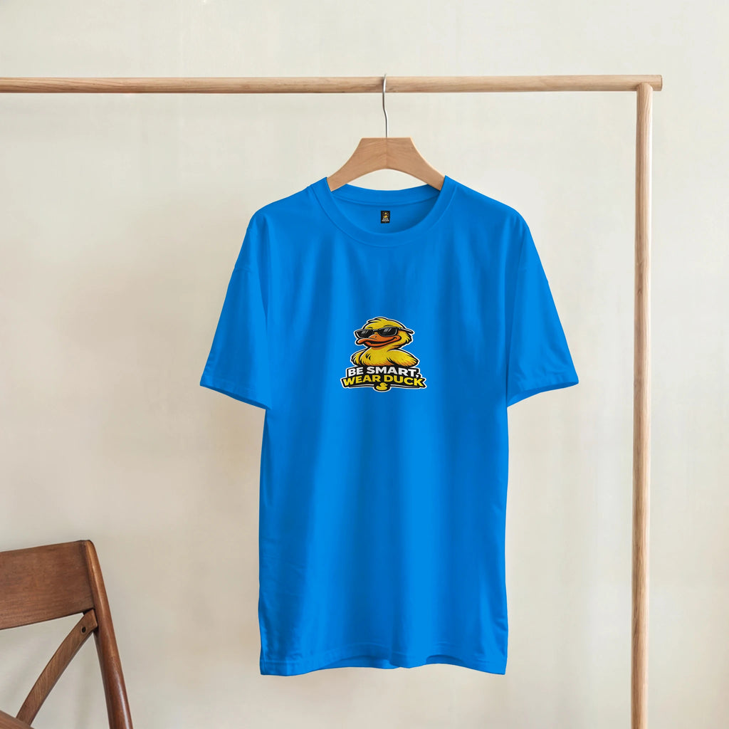 Unisex crewneck T-shirt in royal blue with front duck logo graphic