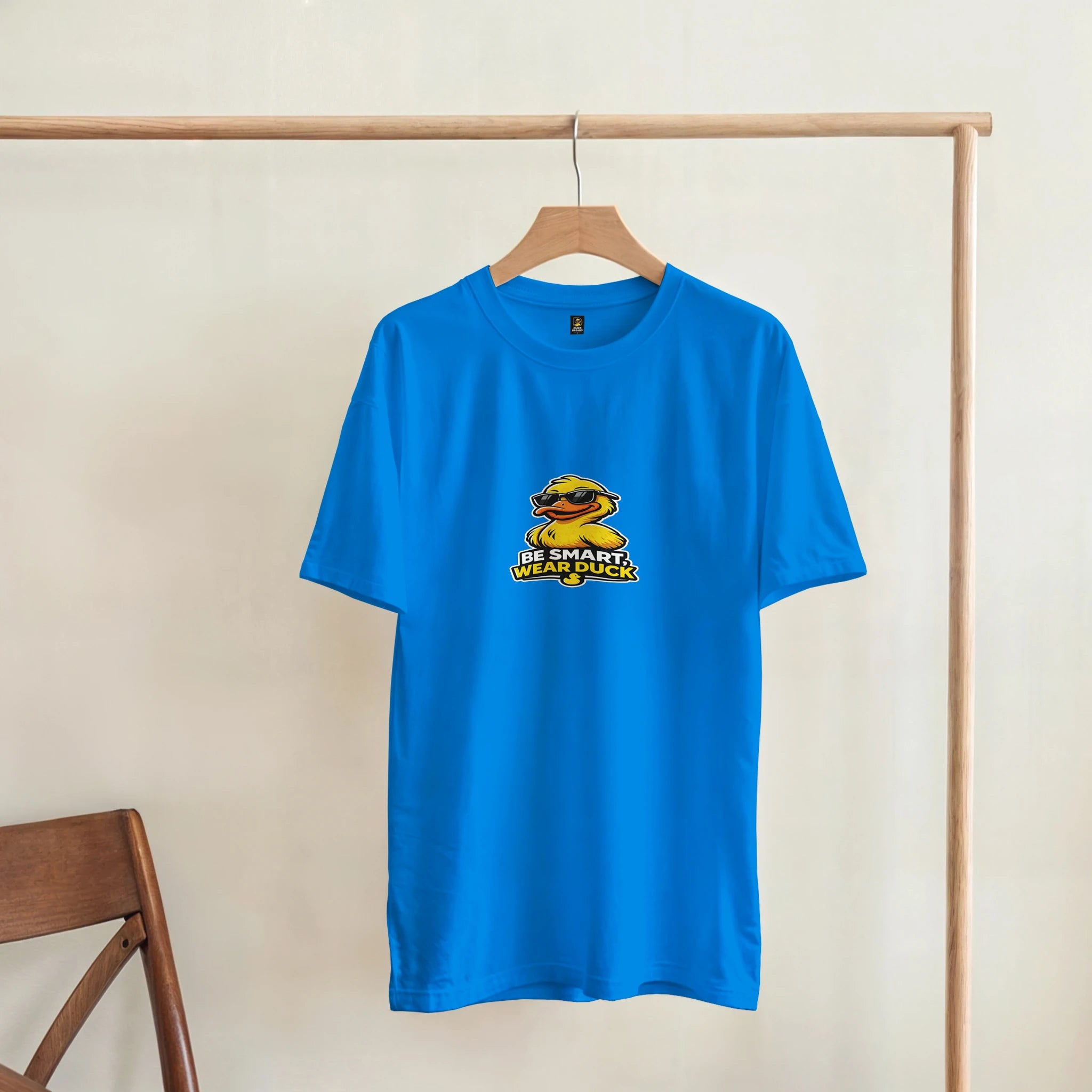 Unisex crewneck T-shirt in royal blue with front duck logo graphic