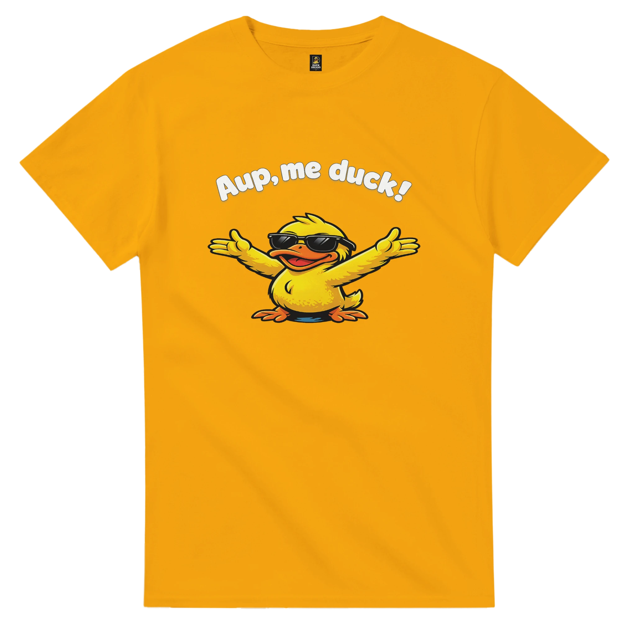 Unisex yellow crewneck T-shirt with duck graphic and 'Aup, me duck!' front print