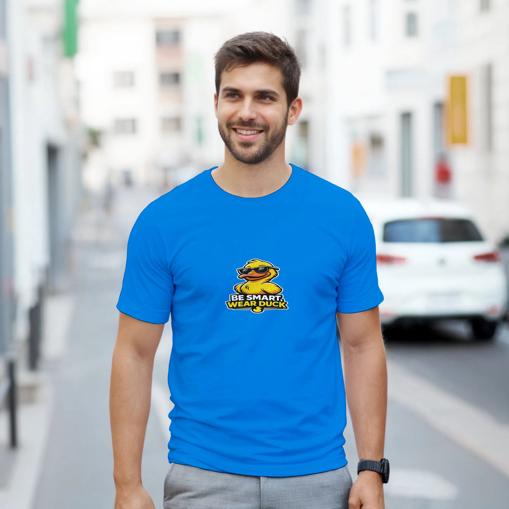 Royal blue crewneck T-shirt with Be Smart Wear Duck duck logo on front