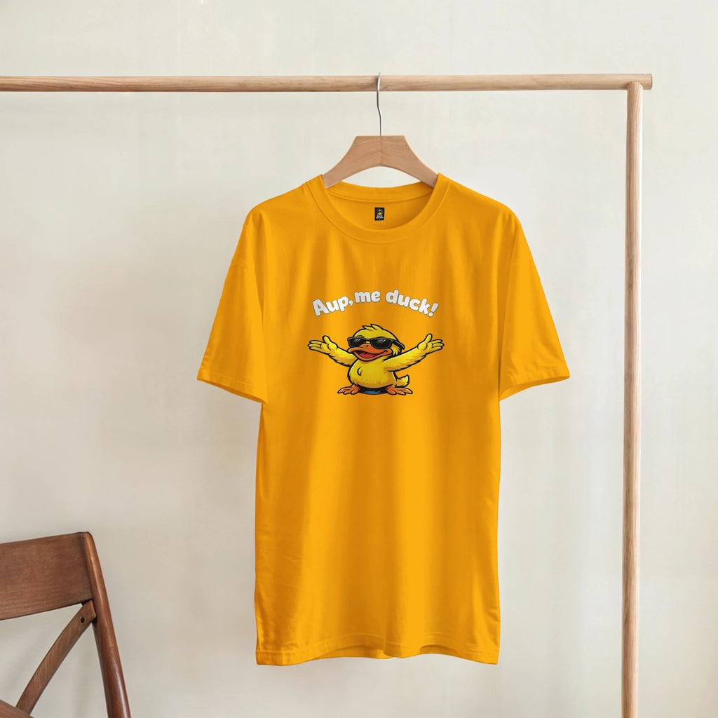 Unisex yellow crewneck T-shirt with duck graphic and 'Aup, me duck!' print