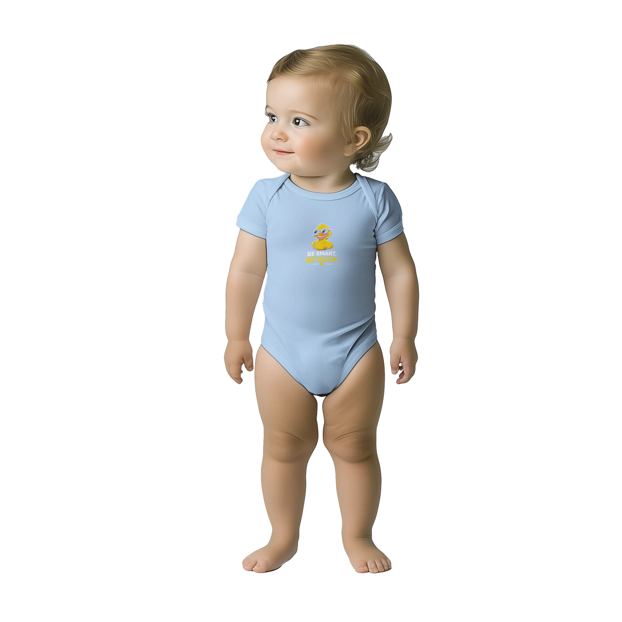Baby blue baby short-sleeve bodysuit with duck graphic and snap crotch