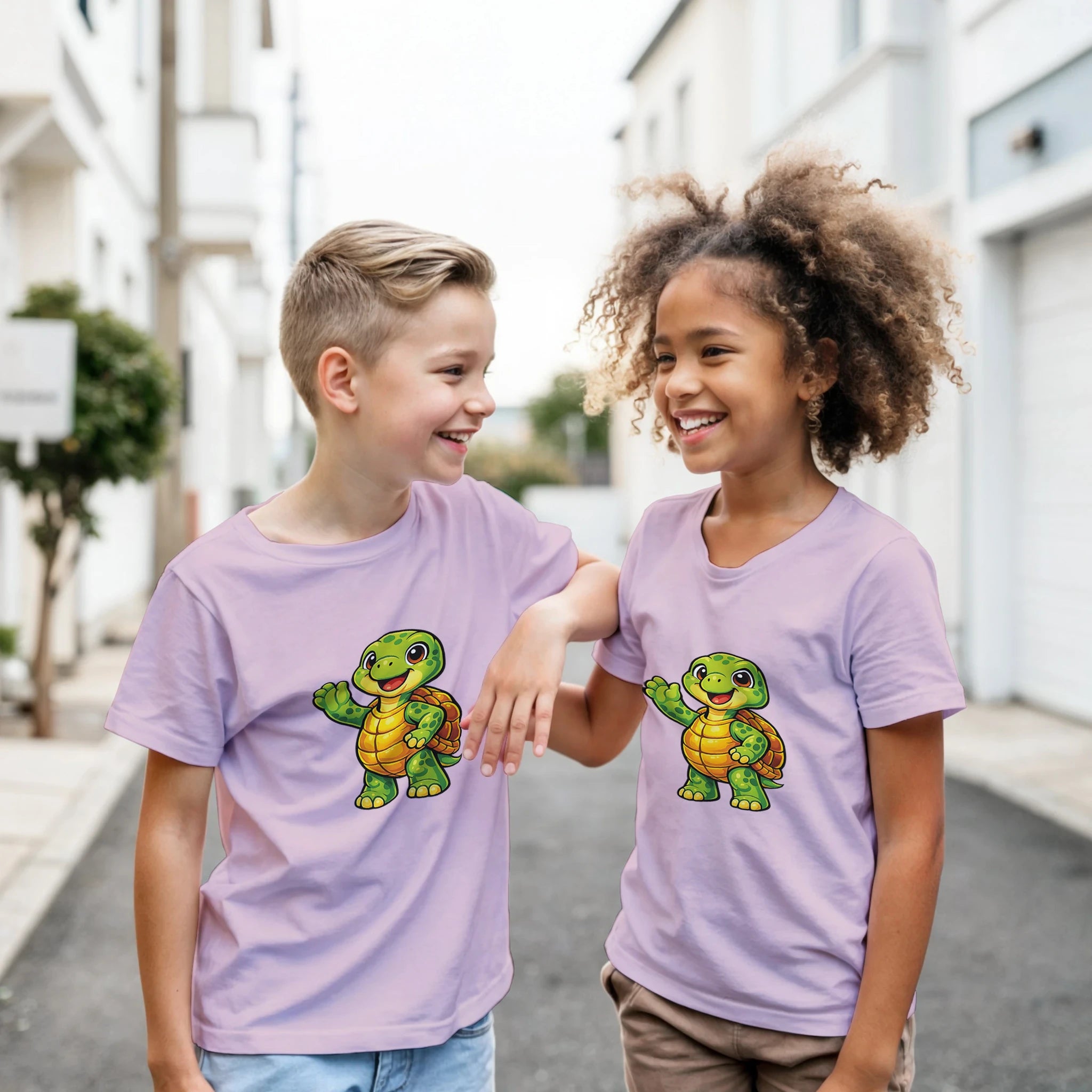 Kids turtle graphic T-shirt, light pink with cartoon turtle front print.