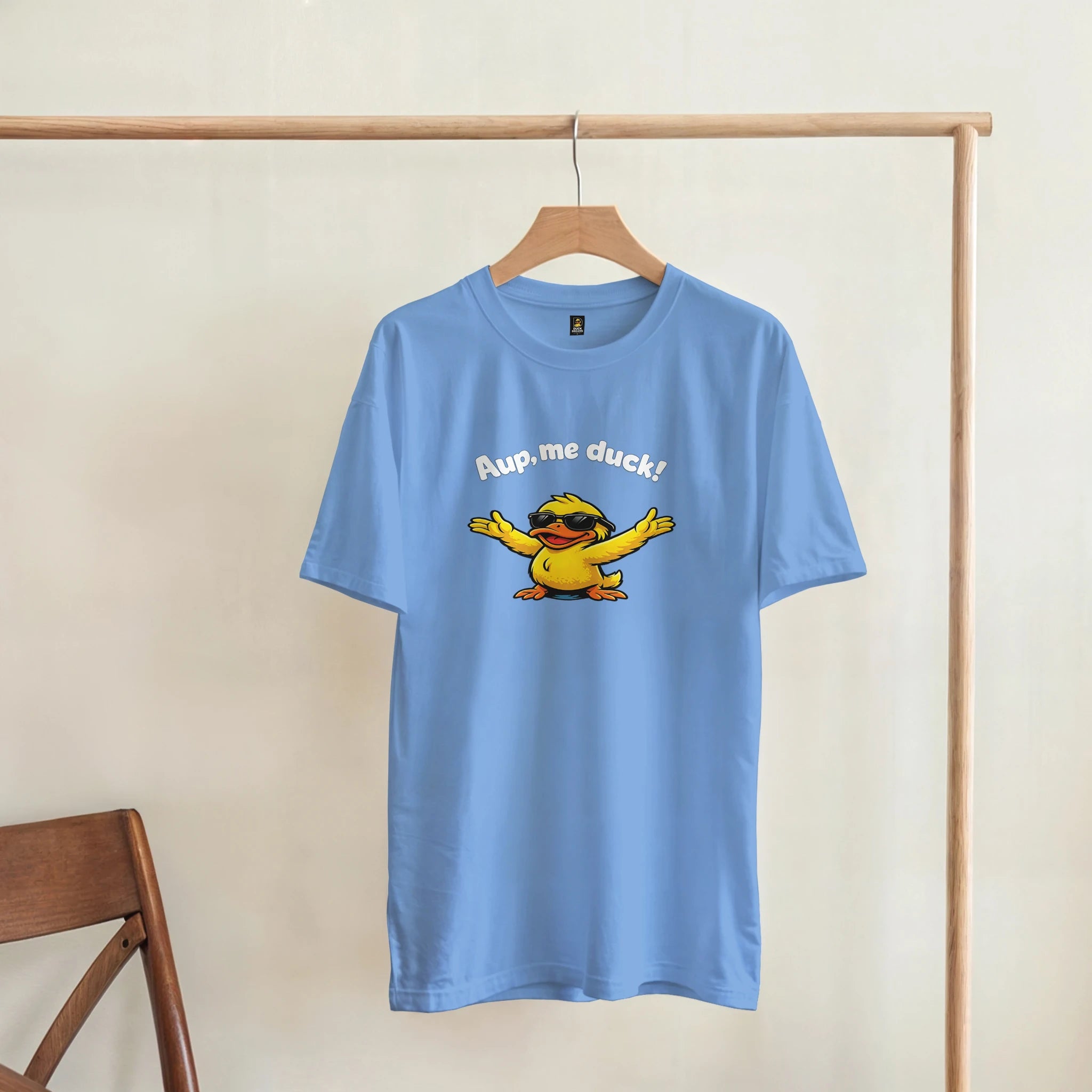 Unisex Carolina blue crewneck T-shirt with duck graphic and 'Aup, me duck!' print