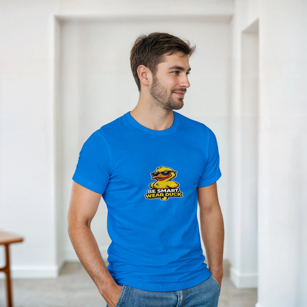 Royal blue crewneck T-shirt with Be Smart Wear Duck logo on front center