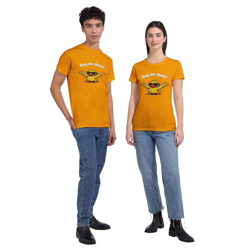 Unisex yellow crewneck T-shirt with duck graphic and 'Aup, me duck!' print, worn