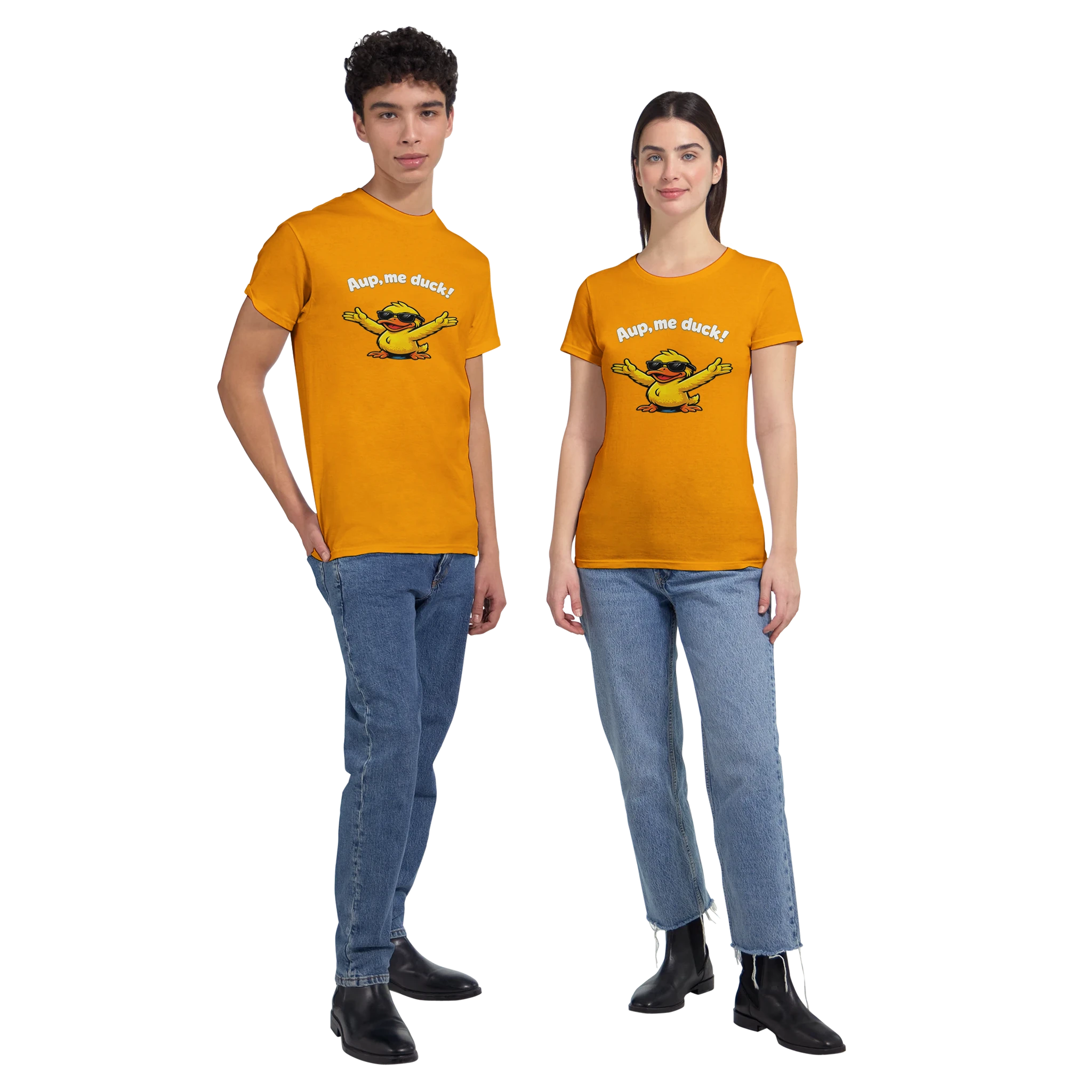 Unisex yellow crewneck T-shirt with duck graphic and 'Aup, me duck!' print, worn