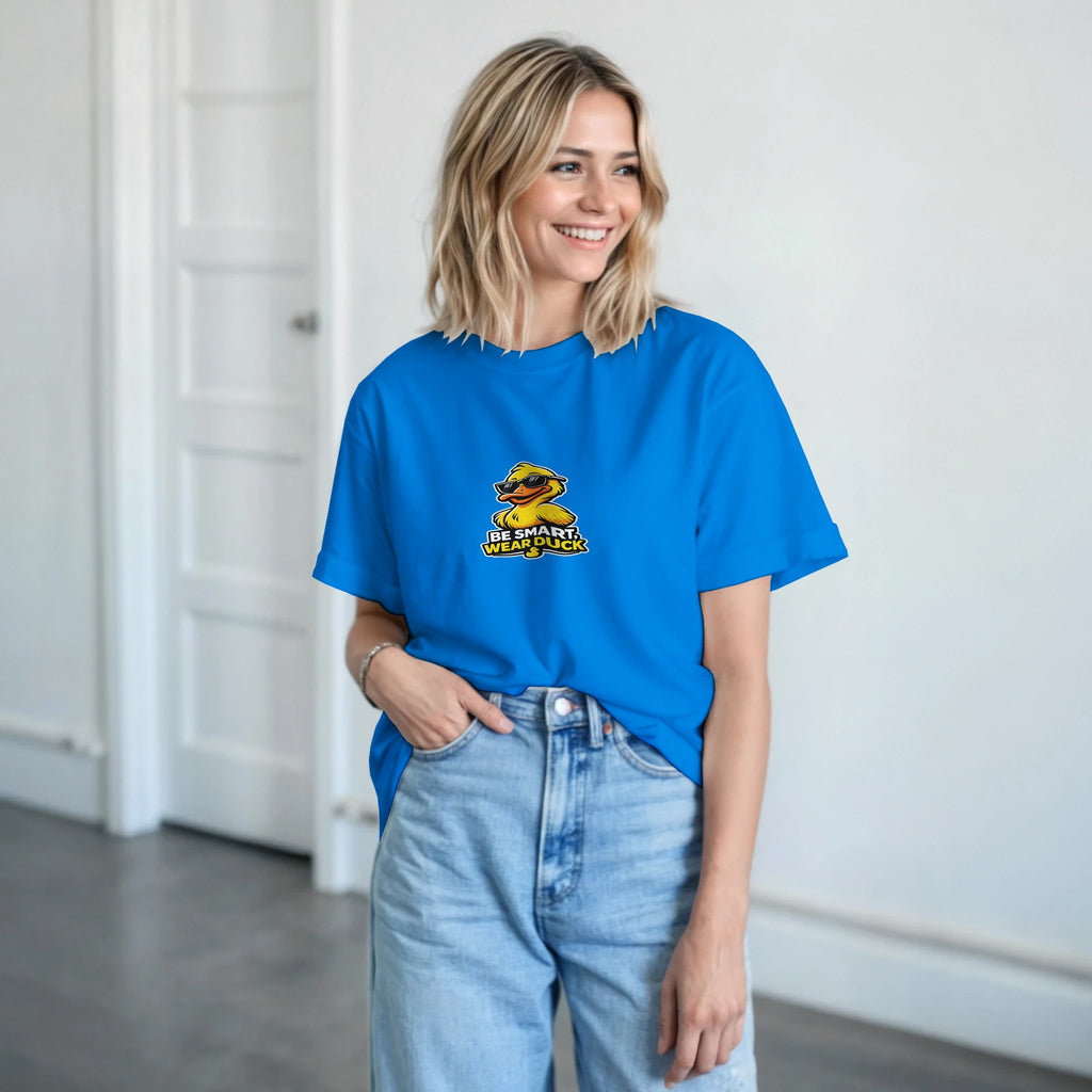 Royal blue unisex crewneck T-shirt with small centered duck logo graphic