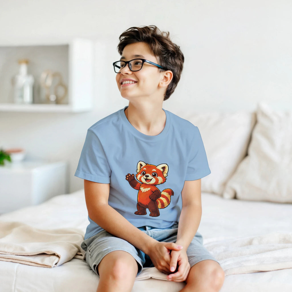 Light blue kids T-shirt with red panda graphic on front