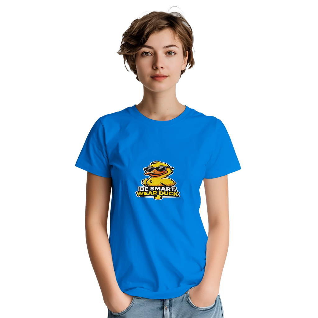 Royal blue unisex crewneck T-shirt with Be Smart Wear Duck logo at center chest