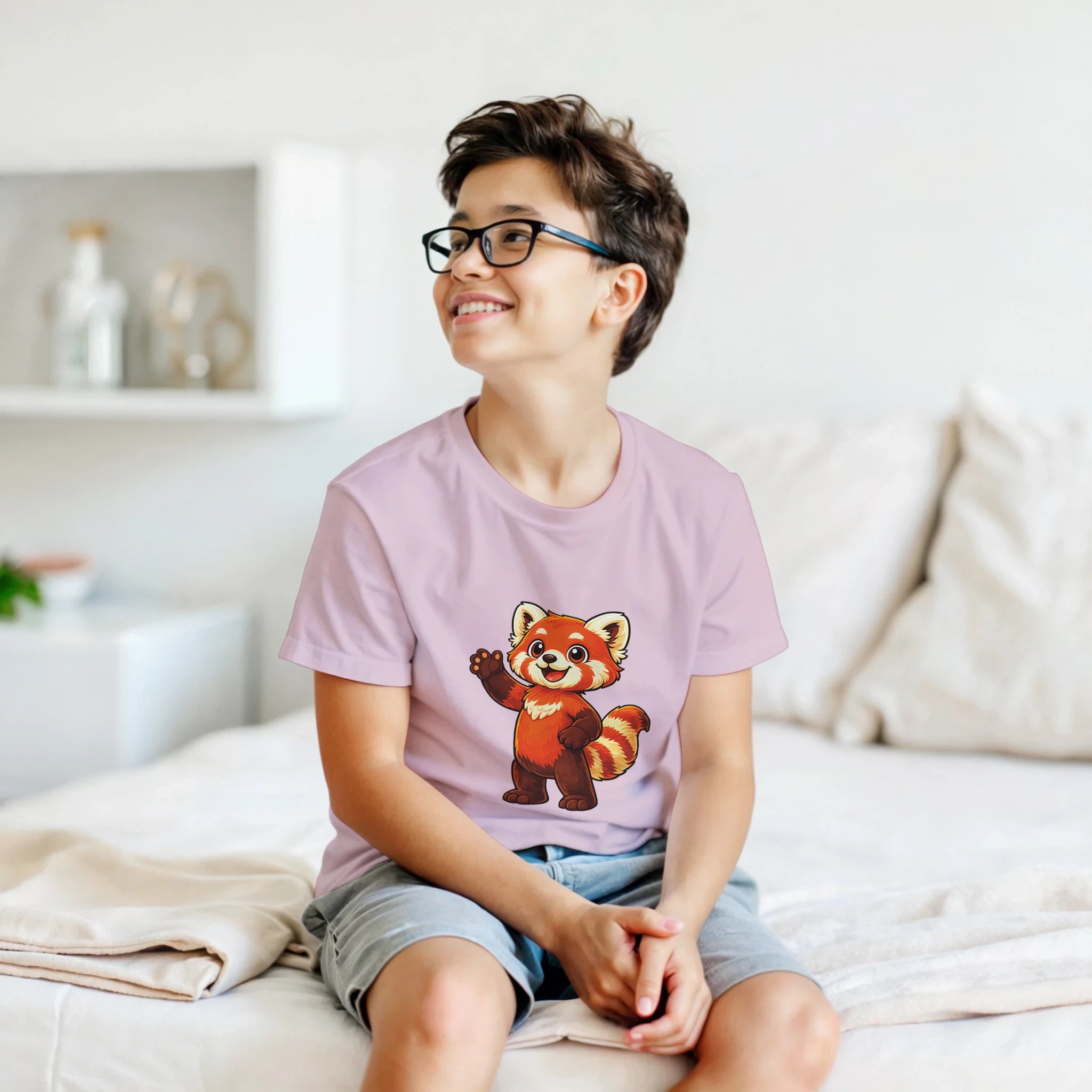 Light pink kids T-shirt with red panda graphic on front