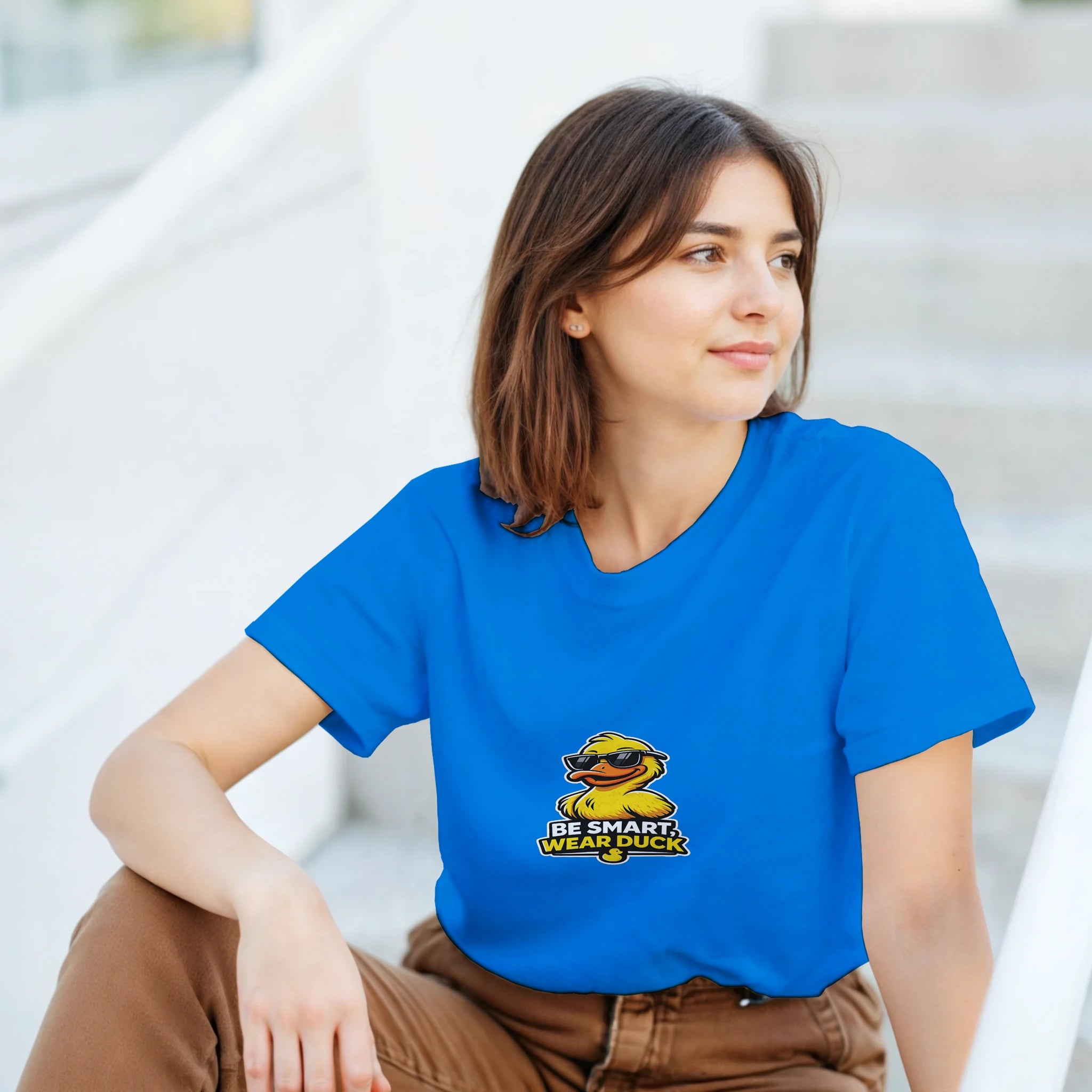 Royal blue unisex crewneck T-shirt with Be Smart Wear Duck logo on chest